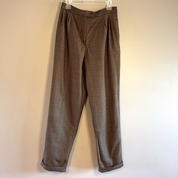 VTG Jennifer & Grace Brown Wool Plaid Pleated Front Cuffed Trouser Pants | SZ 12 - Picture 3 of 10